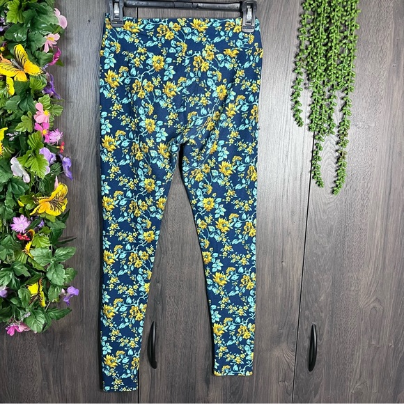 🌸5/$25🌸LulaRoe Floral Printed Blue & Yellow Leggings One Size - Picture 8 of 14